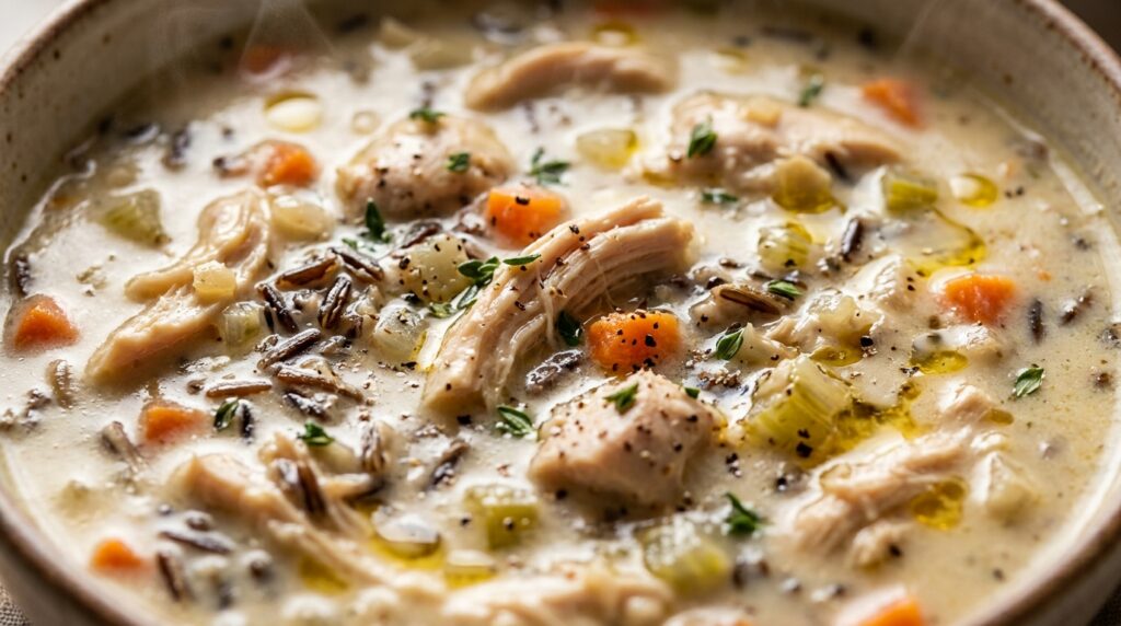 Ultra close-up macro of velvety creamy chicken wild rice soup with tender chicken, wild rice, carrots, and fresh thyme