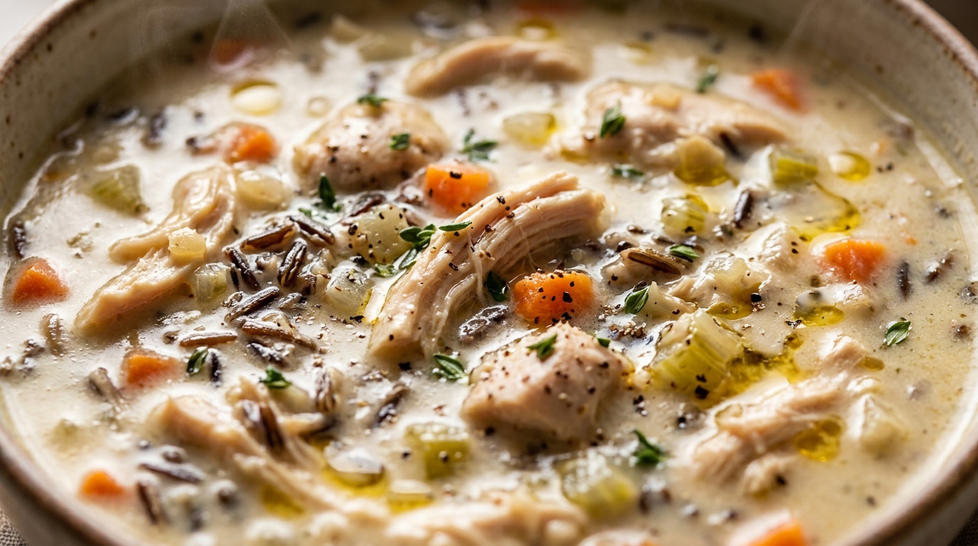 Ultra close-up macro of velvety creamy chicken wild rice soup with tender chicken, wild rice, carrots, and fresh thyme