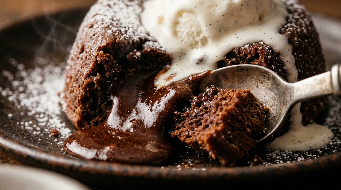 Ultra close-up macro food photography of a warm molten chocolate lava cake with rich glossy liquid chocolate oozing onto the plate, melting vanilla ice cream, and delicate powdered sugar