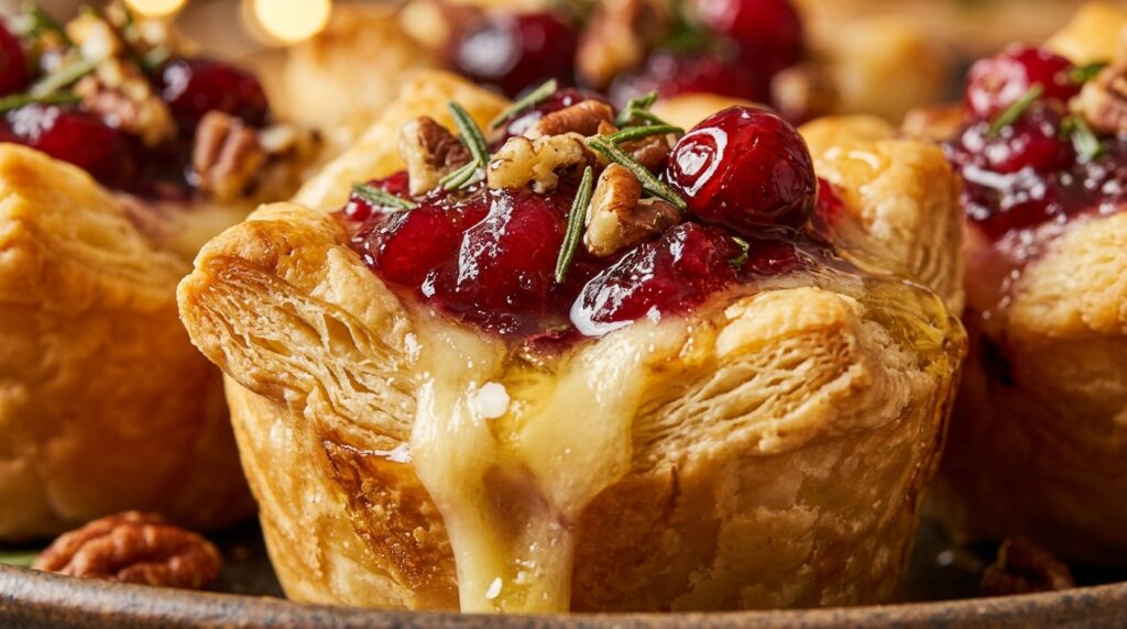 Ultra close-up macro of flaky golden cranberry brie bites with melted brie, ruby cranberry sauce, and fresh rosemary