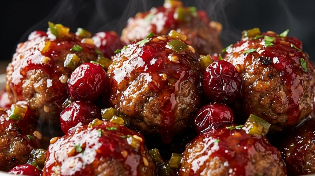 Ultra close-up macro of slow cooker cranberry jalapeno cocktail meatballs with ruby glaze and fresh jalapenos