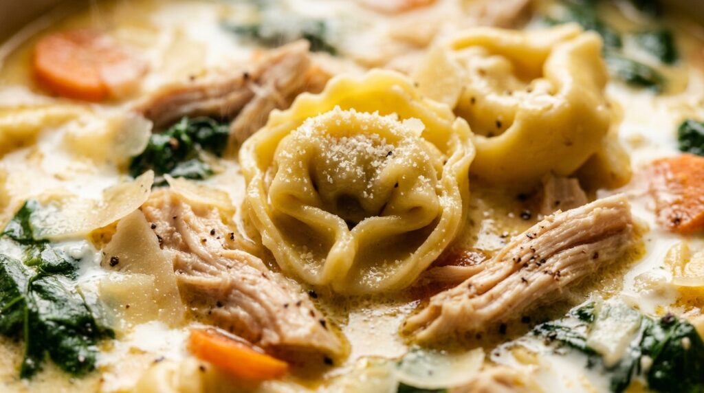 Ultra close-up macro of creamy chicken tortellini soup with shredded chicken, cheese tortellini, spinach, and parmesan in a velvety broth