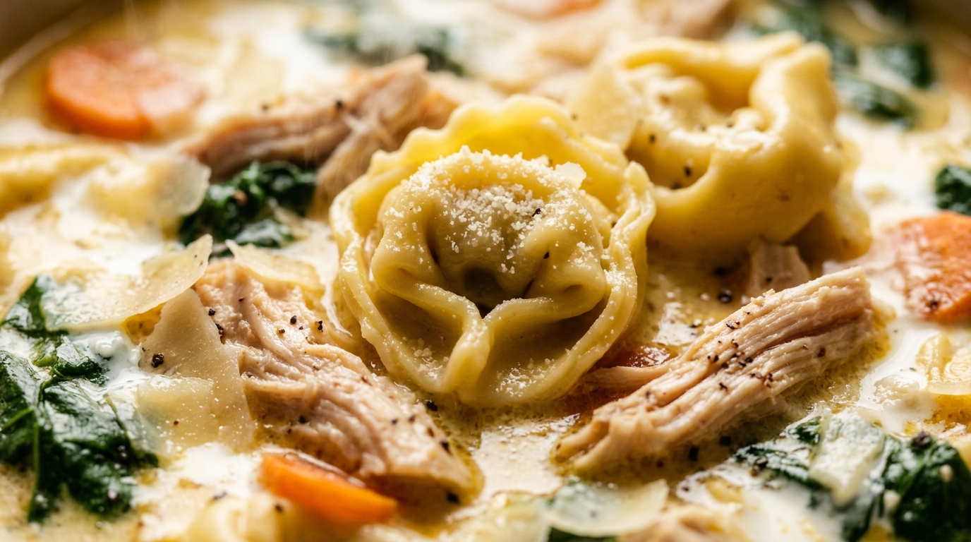 Ultra close-up macro of creamy chicken tortellini soup with shredded chicken, cheese tortellini, spinach, and parmesan in a velvety broth