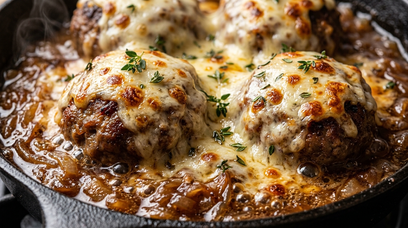 Ultra close-up macro of bubbling cozy French onion meatballs in a cast-iron skillet smothered in caramelized onion gravy and melted Gruyere cheese