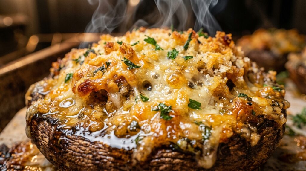 Ultra close-up macro of golden-brown garlic herb parmesan stuffed mushrooms bubbling hot fresh out of oven