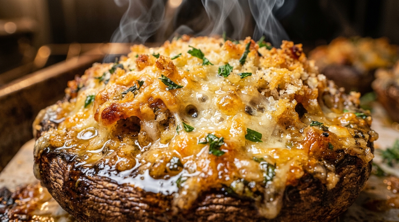 Ultra close-up macro documentary shot of golden-brown garlic herb parmesan stuffed mushrooms bubbling hot fresh out of oven