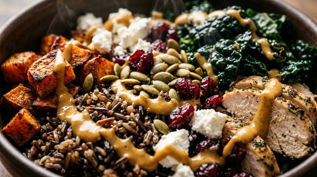 Ultra close-up macro of autumn sweet potato and wild rice harvest bowl with grilled chicken, kale, goat cheese, cranberries, and maple tahini dressing
