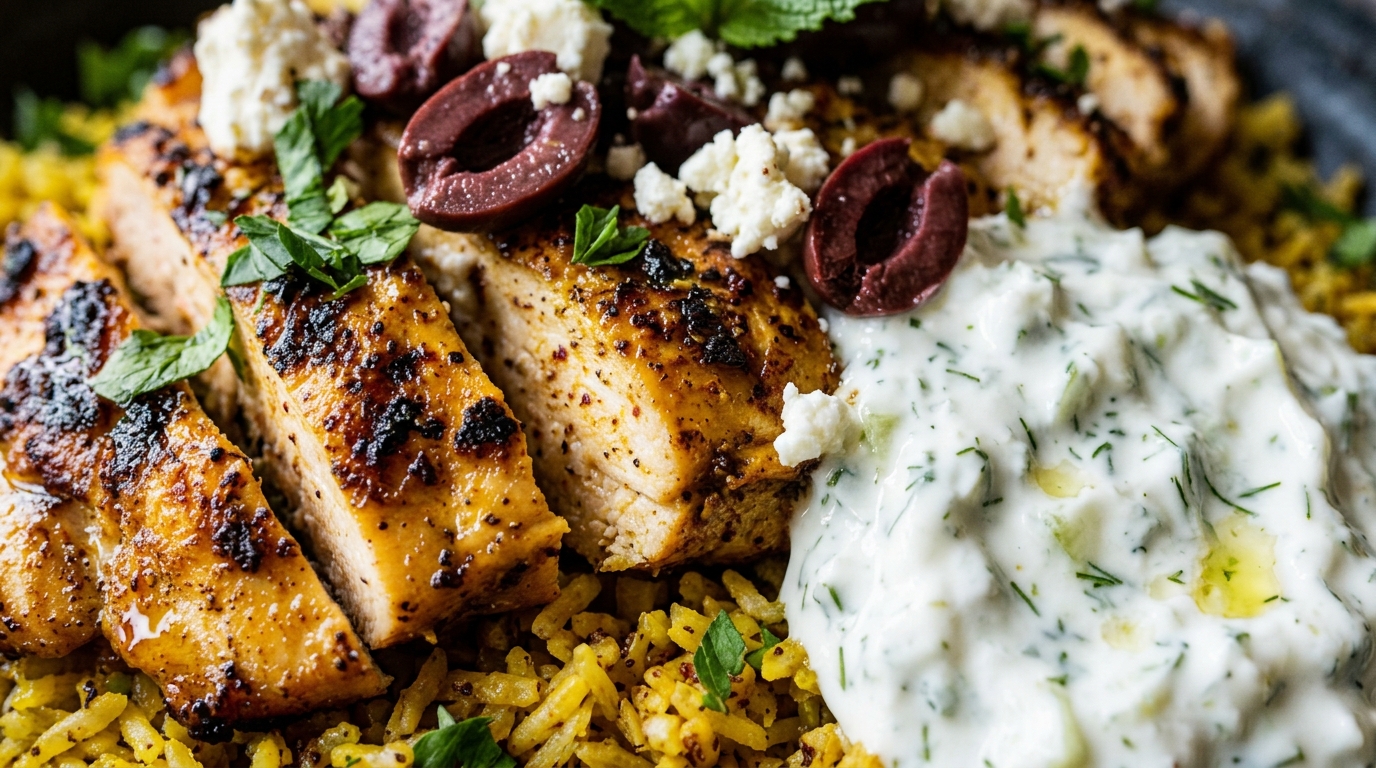 Ultra close-up macro documentary shot of juicy sliced Mediterranean spiced chicken over golden turmeric rice with cool tzatziki and crumbled feta