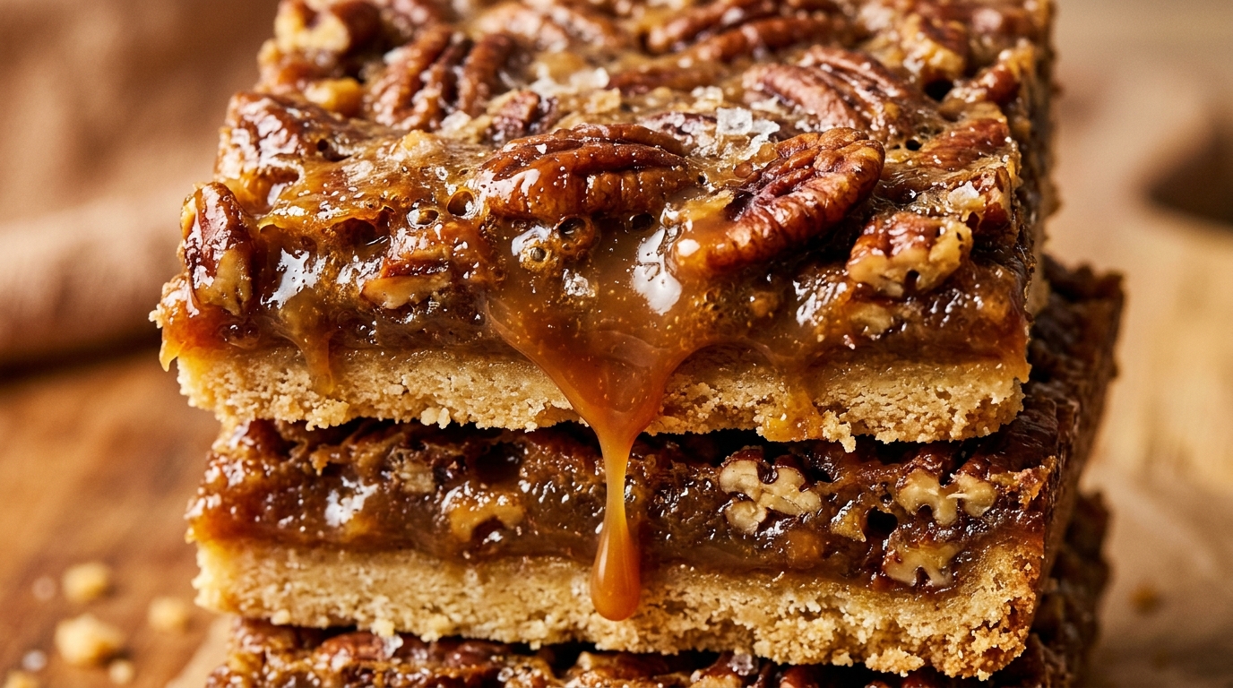 Ultra close-up macro of gooey brown butter pecan pie bars with caramelized pecans and flaky sea salt