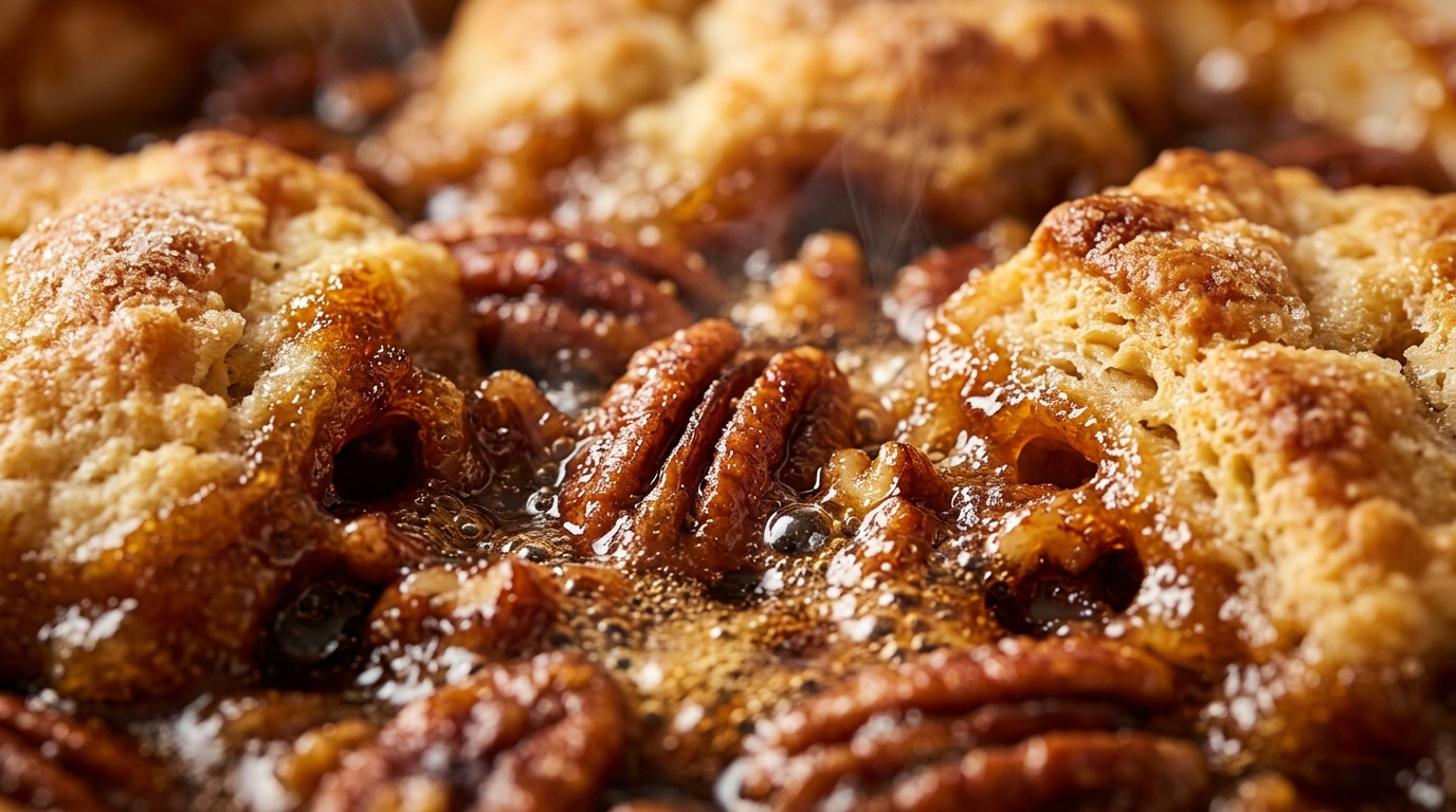 Ultra close-up macro of warm gooey Southern pecan pie cobbler with bubbling thick bourbon brown sugar caramel and roasted toasted pecans