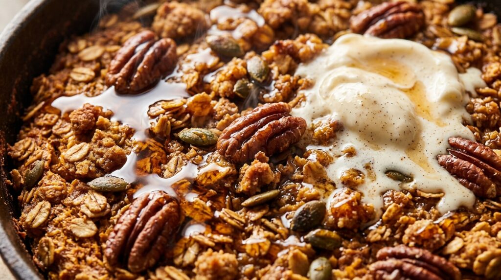 Ultra close-up macro of golden spiced pumpkin baked oatmeal topped with toasted pecans and pure maple syrup