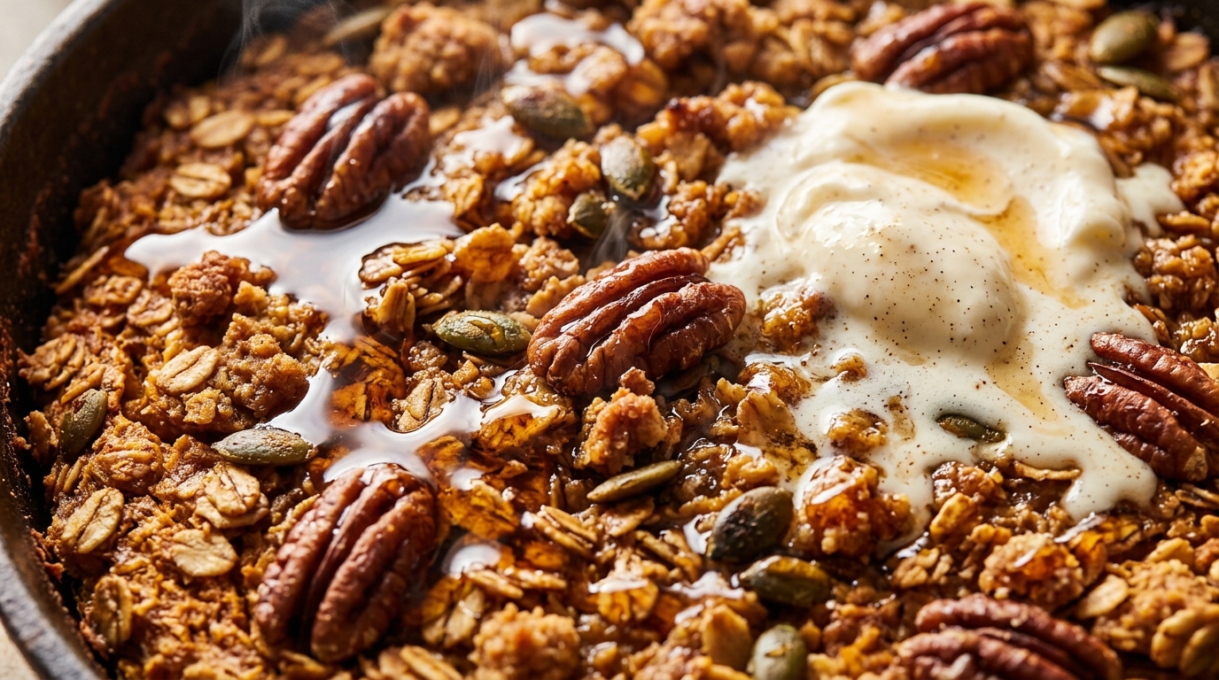 Ultra close-up macro of golden spiced pumpkin baked oatmeal topped with toasted pecans and pure maple syrup