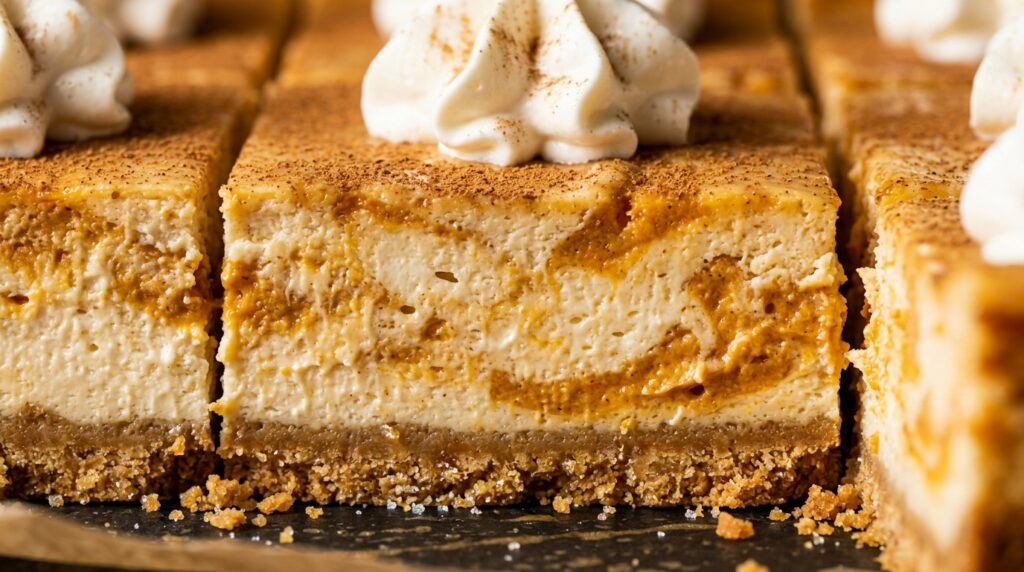 Ultra close-up macro of creamy swirled spiced pumpkin cheesecake bars with golden graham cracker crust and whipped cream