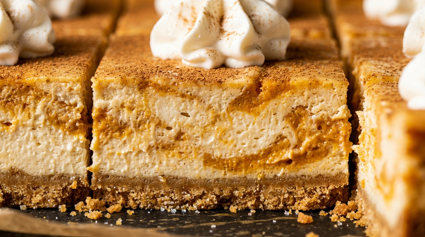 Ultra close-up macro of creamy swirled spiced pumpkin cheesecake bars with golden graham cracker crust and whipped cream