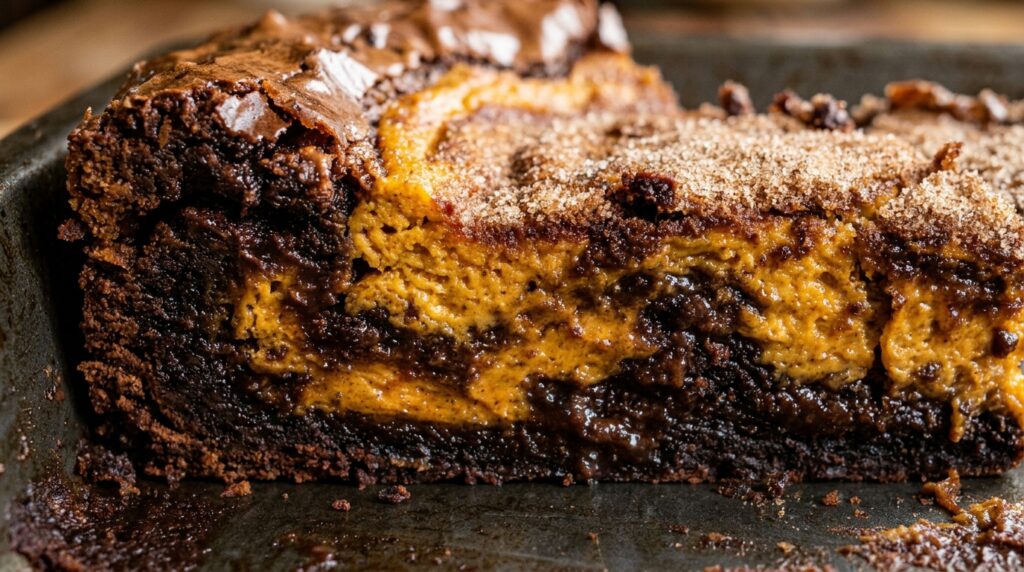 Ultra close-up macro of fudgy dark chocolate brownie with marbled spiced pumpkin cheesecake swirl