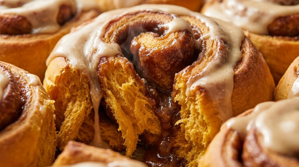 Ultra close-up macro of gooey spiced pumpkin cinnamon rolls with melting maple cream cheese icing
