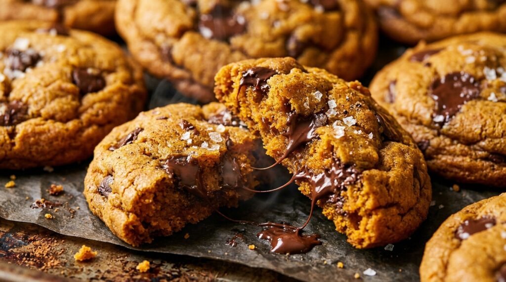Ultra close-up macro of thick chewy pumpkin chocolate chip cookies with melted chocolate puddles and flaky sea salt