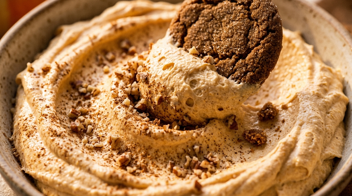 Ultra close-up macro of fluffy velvety spiced pumpkin cream cheese dip swirled in a shallow bowl with cinnamon sugar and crushed pecans