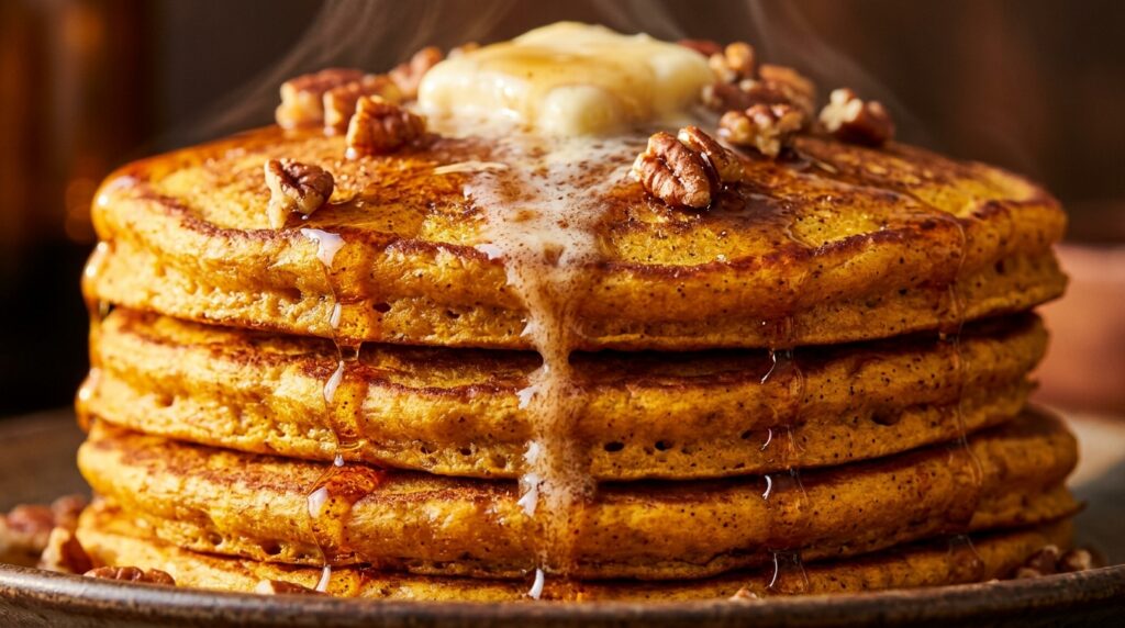 Ultra close-up macro of a golden stack of fluffy spiced pumpkin pancakes with melting whipped maple butter and dripping syrup