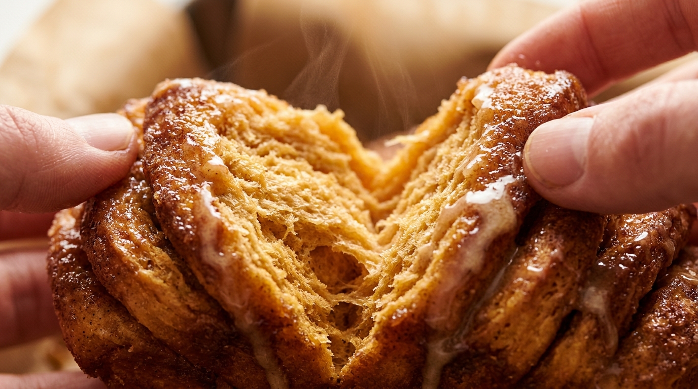 Ultra close-up macro food photography of cozy spiced pumpkin pull-apart bread with caramelized cinnamon sugar layers and cascading maple cream cheese glaze
