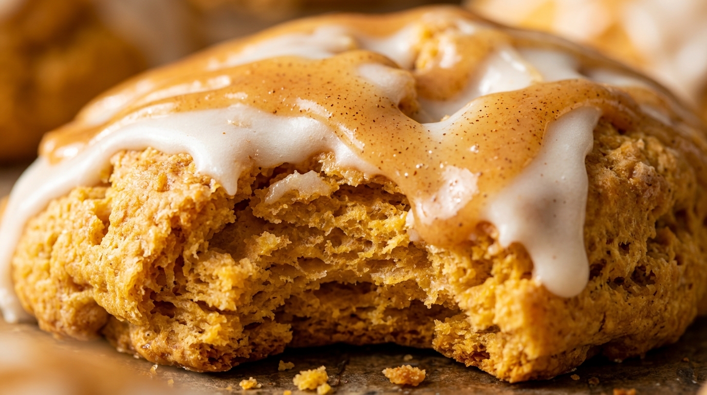 Ultra close-up macro of tender bakery-style spiced pumpkin scone broken open showing flaky crumb layers and double spiced vanilla glaze