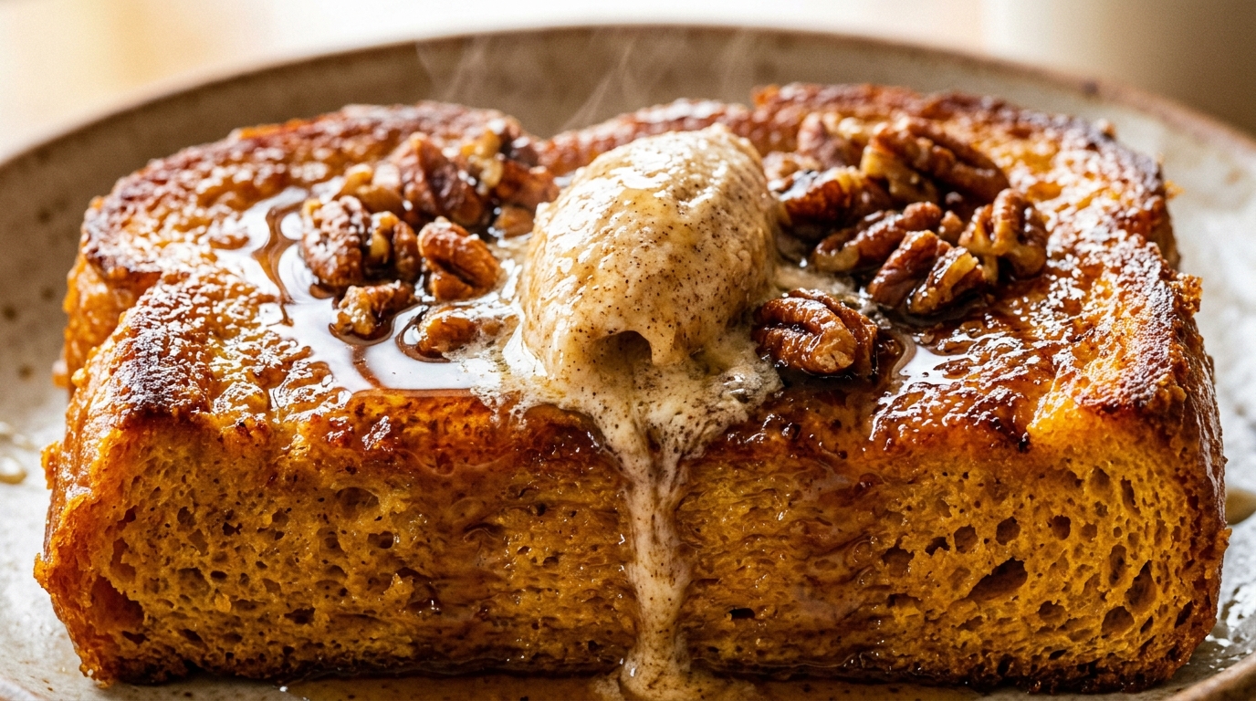 Ultra close-up macro of fluffy pumpkin spice brioche French toast with melting cinnamon butter, toasted pecans, and warm maple syrup
