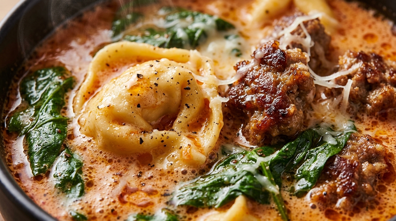 Ultra close-up macro of creamy Italian sausage tortellini soup with bubbling velvety tomato cream broth, browned savory sausage crumbles, tender cheese tortellini, and wilted spinach