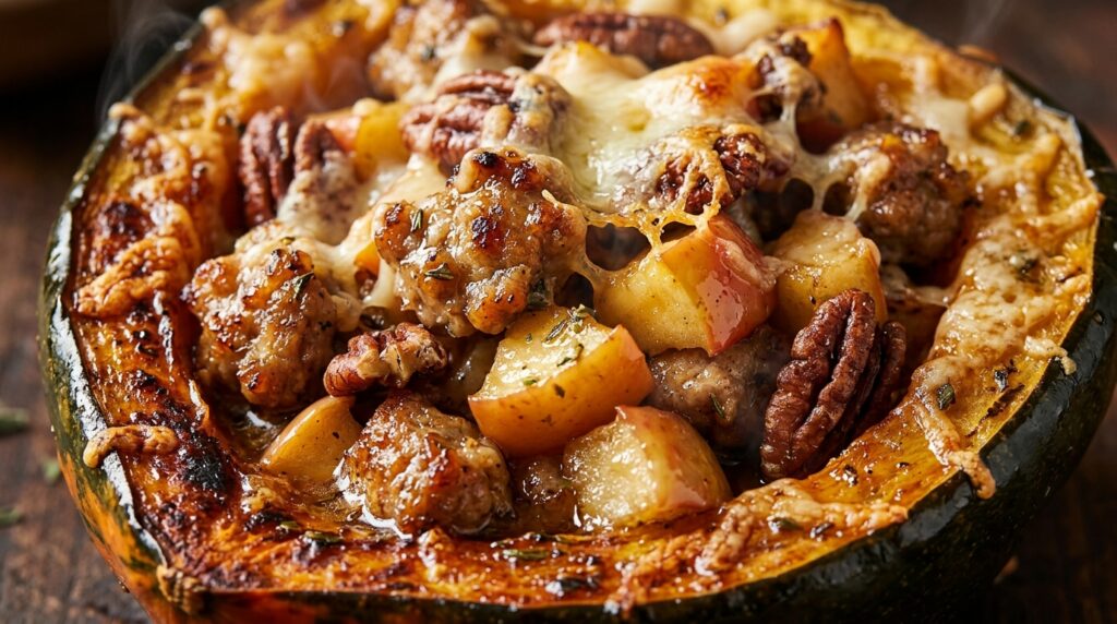Ultra close-up macro of roasted acorn squash filled with sizzling savory Italian sausage, crisp apples, pecans, and melted parmesan