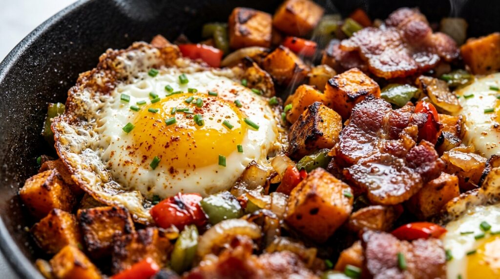 Ultra close-up macro of cast iron skillet filled with crispy caramelized sweet potato breakfast hash with bacon and runny eggs