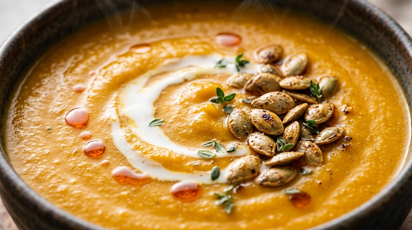 Ultra close-up macro of creamy roasted sweet potato soup with coconut swirl, toasted pepitas, and fresh thyme