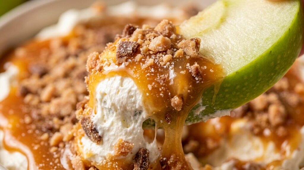 Ultra close-up macro of crisp tart apple dipping into fluffy whipped cream cheese layered with warm amber caramel and crunchy toffee bits