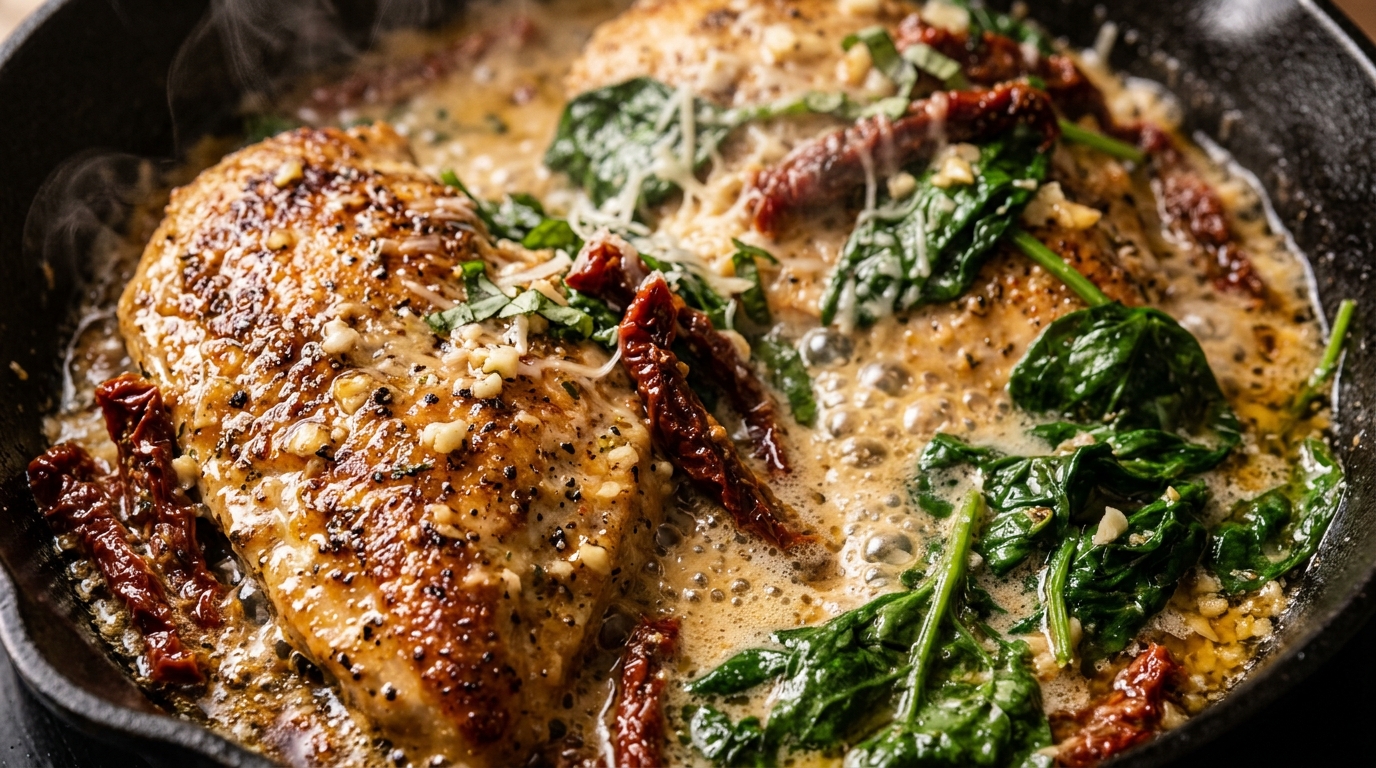 Ultra close-up macro of creamy Tuscan garlic chicken in cast-iron skillet with bubbling parmesan cream sauce, sun-dried tomatoes, and baby spinach