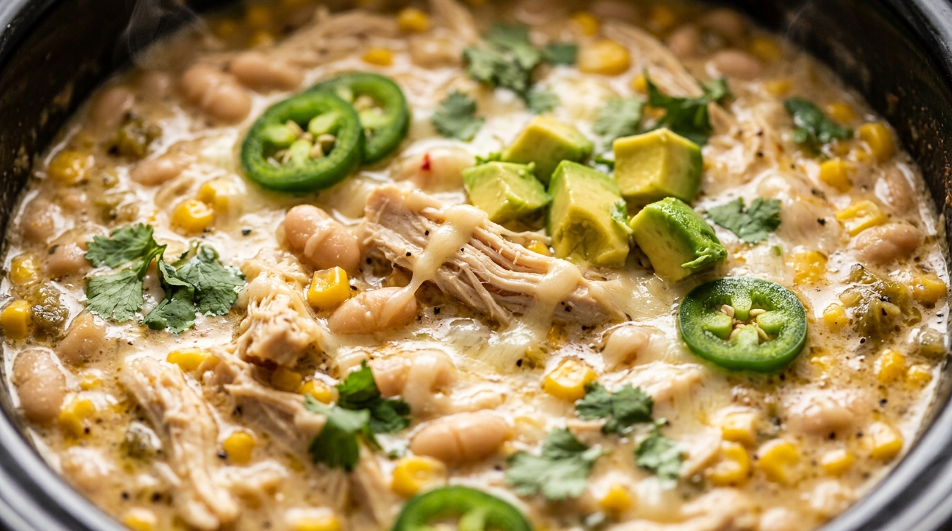 Ultra close-up macro of creamy slow cooker white chicken chili with shredded chicken, white beans, green chilies, and melted cheese