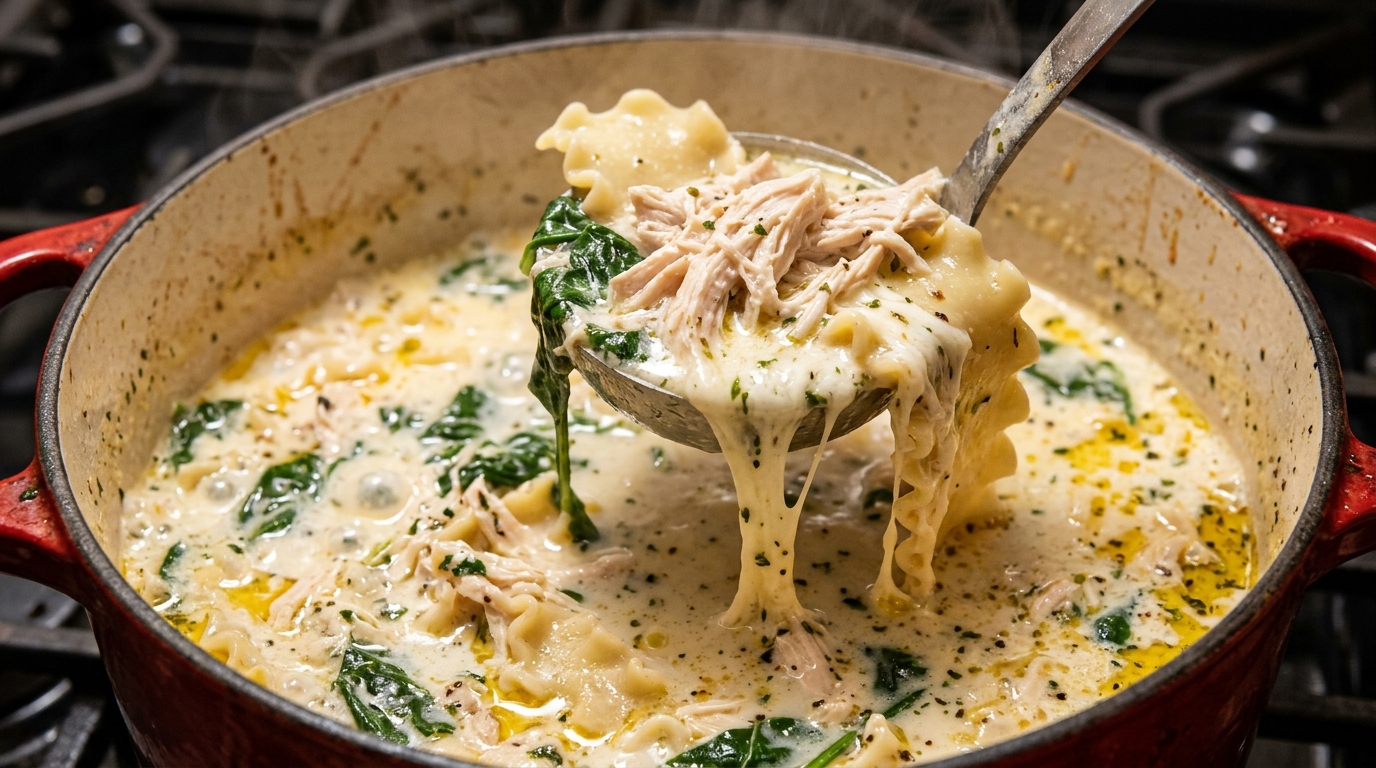 Ultra close-up macro food photography of creamy white chicken lasagna soup with tender shredded chicken, broken wavy lasagna noodles, wilted spinach, and melted mozzarella cheese pull